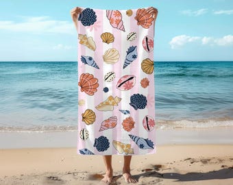 Seashell Beach Towel, Pastel Shell Pattern Summer Towel, Cute Coastal Beach Towels, Gift for Bestfriend, Seashell Paradise Beach Towel,Towel