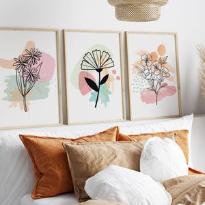 Lot de 3 tirages d'art abstrait fleur, dessin floral minimaliste, art mural imprimable neutre beige blush, affiche botanique, toile bohème