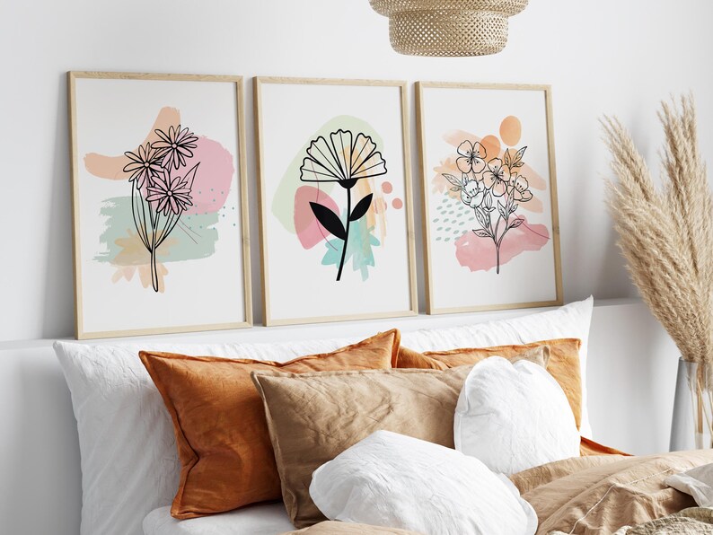 Abstract Flower Line Art Prints, Set of 3 Minimal Floral Line Drawing ...