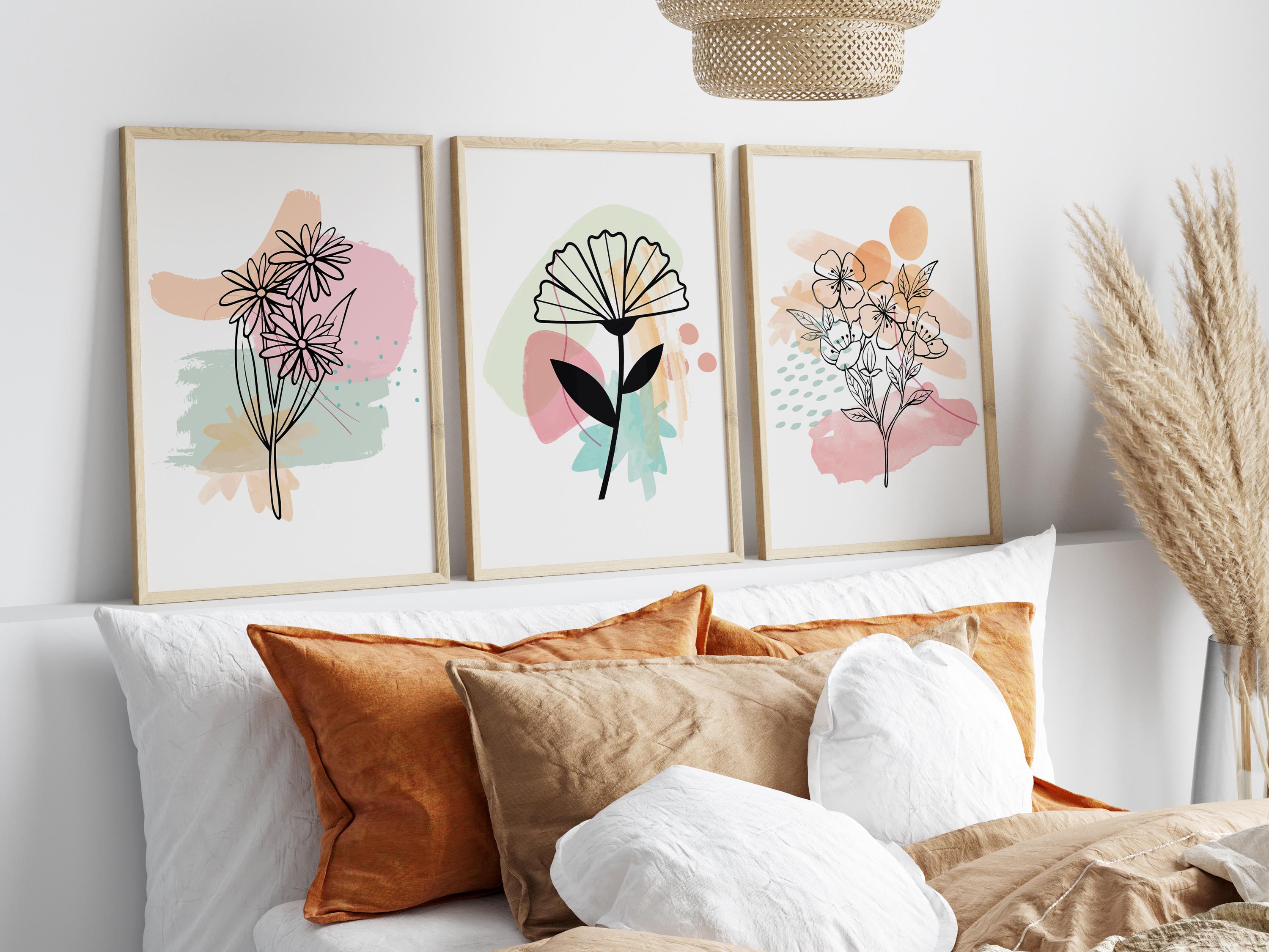 Abstract Flower Line Art Prints, Set of 3 Minimal Floral Line Drawing ...