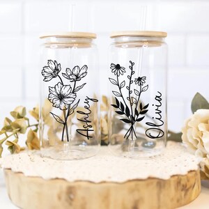 Personalized Birth Flower Coffee Cup With Name, Personalized Birth Flower Glass Tumbler, Bridesmaid Proposal, Gifts for Her Be My Bridesmaid
