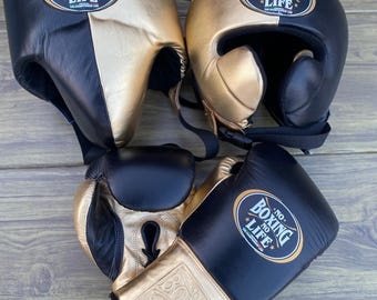 Hochwertiges Boxset aus Leder | Maßgefertigte Boxhandschuhe, Kopfschutz und Tiefschutz | Sparring- und Trainingsausrüstung