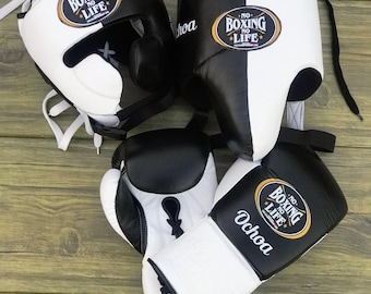 No Boxing No Life Boxing Set Black White | Boxing Gloves Headgear Groin Guard | Leather Boxing Set | Sparring Gear | Training Equipment