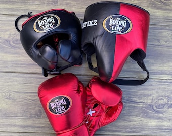 Conjunto de Boxe NBNL Vermelho e Preto | Luvas de Boxe "Sem Boxe, Sem Vida", Protetor de Cabeça e Protetor Genital | Equipamento de Sparring em Couro | Equipamento de Treinamento