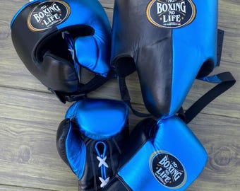 NBNL Boxing Set Blue Black | No Boxing No Life Boxing Gloves, Headgear & Groin Guard | Leather Sparring Gear | Training Equipment