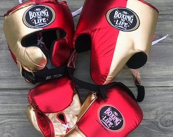 Conjunto de boxe em couro branco e rosa | Luvas de boxe, protetor de cabeça e protetor genital personalizados | Equipamento de sparring personalizado | Equipamento de treinamento