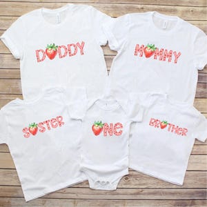 Matching Strawberry Birthday Shirts: Mom, Dad, Baby - First Birthday Party