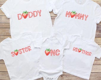 Matching Strawberry Birthday Shirts: Mom, Dad, Baby - First Birthday Party