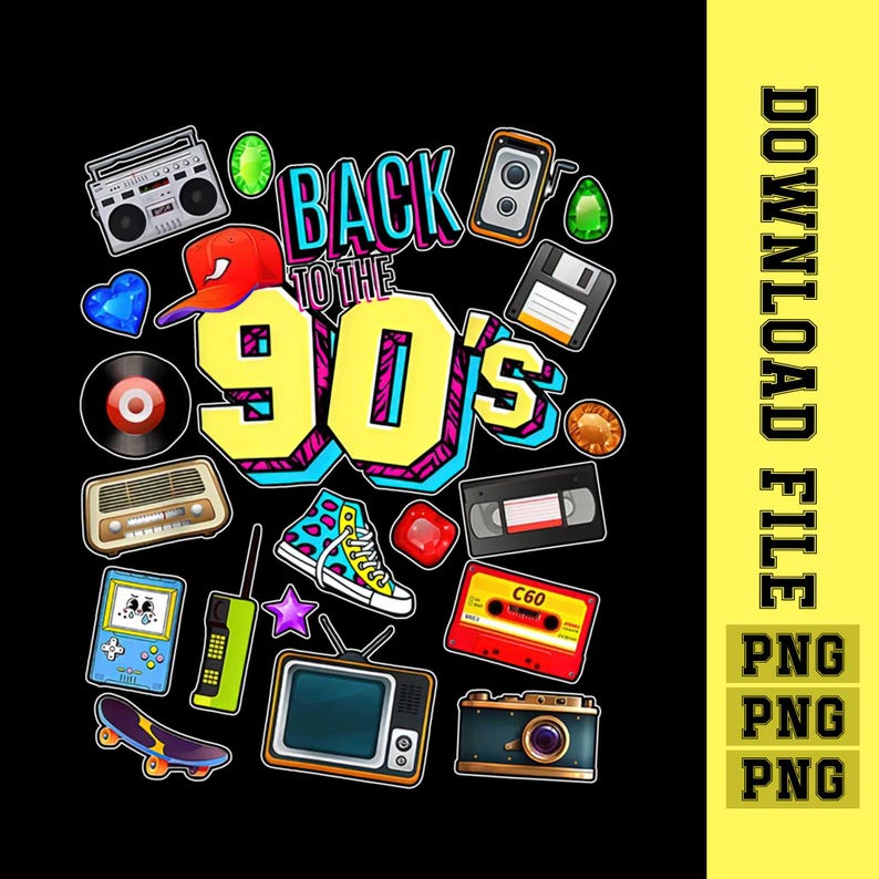 May include: A colorful graphic design featuring the text "Back to the 90's" surrounded by various 90s icons, including a cassette tape, a boombox, a video game, a pair of sneakers, a camera, and a television.