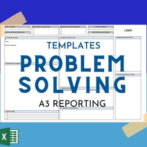 May include: A white template with the text "TEMPLATES PROBLEM SOLVING A3 REPORTING" in blue. The template is divided into sections with headings such as "Define the problem", "Breakdown of the problem", "Set the Target", "Countermeasures & Root Cause", "Monitor Results & Process", "Standardized Work & Issues", "Company situation", "Data for Past Experimentation", "Implementation & Confirmation", "LOGO".