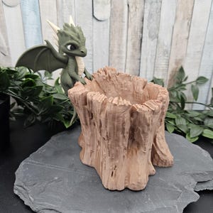 Könnte beinhalten: Ein brauner, baumstumpfförmiger Pflanztopf mit detaillierter Textur, begleitet von einer grünen Drachenfigur. Der Drache hat weiße Hörner und sitzt am Rand des Pflanztopfs. Der Pflanztopf steht auf einer dunkelgrauen, schieferartigen Oberfläche.