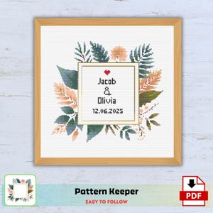 Wedding Cross Stitch Pattern PDF, Personalized Wedding Cross Stitch, Custom Floral Wreath Hand Embroidery, Wedding Gift, Wedding Decor