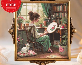 Cross Stitching Girl Pattern – Modern Cross Stitch PDF, Punto de Cruz, Point de Croix, Embroidery Art, Digital Download