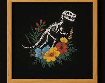 Funny Dinosaur Cross Stitch Pattern, Sarcastic Skeleton Quote PDF, Floral Snarky Embroidery Chart, Modern DIY Wall Art Pattern Keeper