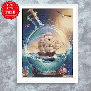 Modèle de point de croix de bateau marin dans une bouteille - broderie maritime vintage, décoration de voile océanique, cadeau de marin, téléchargement instantané de PDF