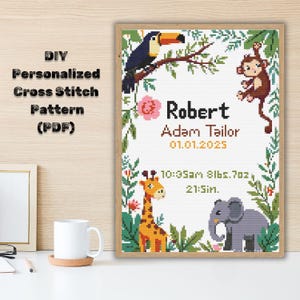 Annuncio di nascita schema moderno a punto croce, bambino, personalizzato, arredamento per cameretta bimba, contato, grafico, regalo fai da te, PDF digitale