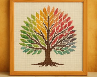 Colorful Tree Cross Stitch Pattern, Rainbow Leaf Embroidery Design PDF, Modern Nature Wall Art, Digital Download, Pattern Keeper Friendly