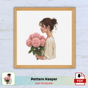 Patrón de punto de cruz Niña con hortensias, punto de cruz, patrones, patrón de punto de cruz pdf, punto de cruz, point de croix pdf