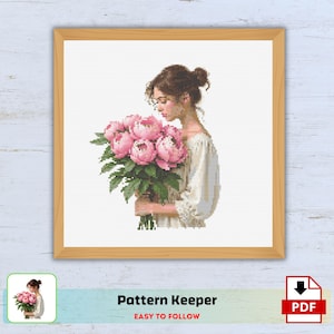Girl With Peony Cross Stitch Pattern (PDF Pattern)