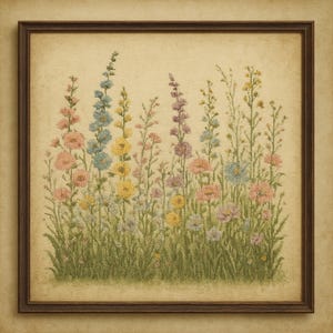 Patrón de punto de cruz de flores silvestres, diseño de bordado botánico digital, muestrario floral estilo cottagecore, decoración moderna de jardín con flores en tonos pastel