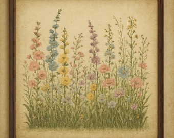 Wildflower Cross Stitch Pattern, Digital Botanical Embroidery Design, Cottagecore Floral Sampler, Modern Pastel Flower Garden Decor