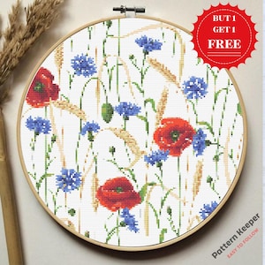 Patrón de punto de cruz de flores silvestres – Bordado de acianos blancos y azules – Acuarela floral en punto X PDF – Descarga instantánea – Diseño de naturaleza