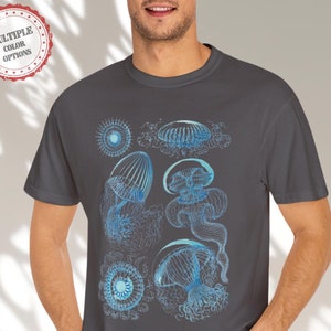 May include: A dark gray t-shirt with a blue and white illustration of jellyfish. The text "Graphite" is printed in white on a purple background at the bottom of the image.