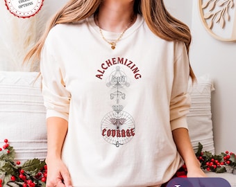 Courage Alchemy T-shirt met lange mouwen, uniseks T-shirt | Verdriet Geometrische symboliek Boho-stijl Gezellige vrijetijdskleding Transformatie Evolutie Cadeau voor haar
