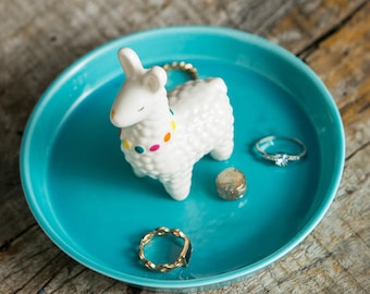 Turquoise Ceramic Llama Ring Dish, Boho Jewelry Holder