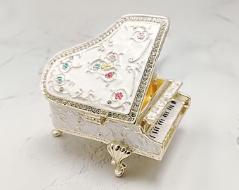 Caixa de joias vintage para piano de cauda: armazenamento de joias com esmalte floral