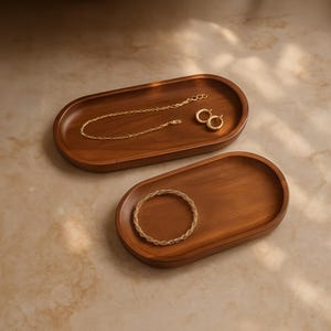 Minimalist Wooden Jewellery Tray – Oval Walnut Catchall Dish – Handmade Trinket Holder for Rings, Keys & Desk Décor