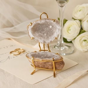 Crystal Rock Geode Wedding Ring Box, White Quartz Wedding Ring Holder on Gold Stand, Unique Proposal & Engagement Keepsake, Bridal Gift