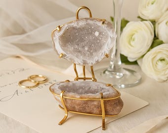 Caja para anillos de boda de geoda de cristal: soporte dorado, recuerdo de compromiso único
