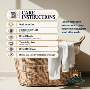 May include: A graphic chart titled CARE INSTRUCTIONS with icons and text: Wash Inside Out, Machine Wash Cold Max 90&deg;F, Do Not Bleach, Tumble Dry Low, Do Not Dry Clean, and Do Not Iron Directly on the Print or Design, with additional text instructions.