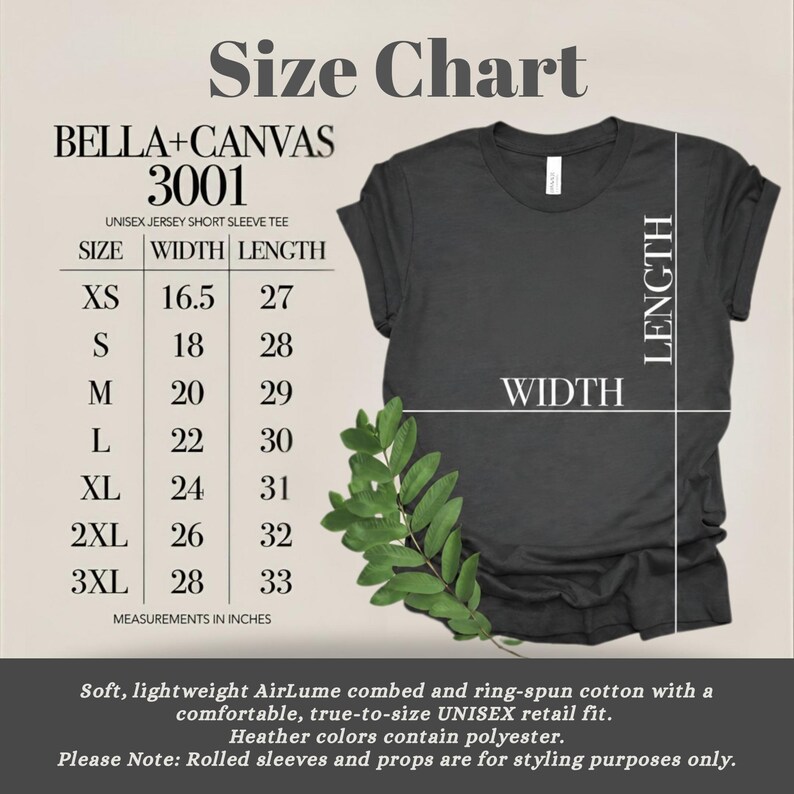 May include: A Bella+Canvas 3001 unisex jersey short sleeve t-shirt size chart with a dark gray t-shirt graphic. The chart lists sizes XS through 3XL with corresponding width and length measurements in inches. Text includes fabric details.