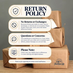 May include: A return policy information graphic with dark blue text on cream-colored rounded rectangular labels, stacked over brown paper-wrapped packages. The text details no returns, questions, and color variations, ending with a thank you note.