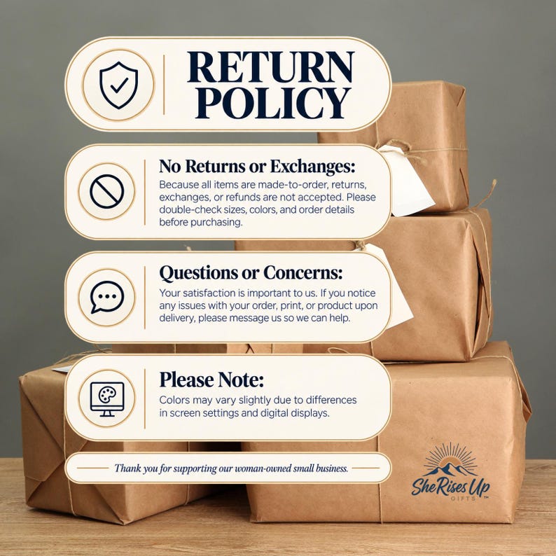 May include: A return policy information graphic with dark blue text on cream-colored rounded rectangular labels, stacked over brown paper-wrapped packages. The text details no returns, questions, and color variations, ending with a thank you note.