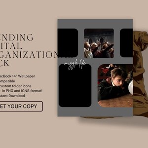 May include: Digital organization pack with a gray background and images from a movie. The text reads "TRENDING DIGITAL ORGANIZATION PACK" and includes "MacBook 14" Wallpaper Compatible" and "6 custom folder icons". The words "muggle life" are written in cursive.