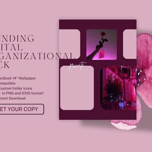Op de afbeelding: Advertentie voor een digitaal organisatiepakket. De afbeelding toont een donker magenta vierkant met vier lichtroze vierkanten. Het rechterbovenste vierkant heeft een hand die een roos vasthoudt. Tekst bevat "TRENDING DIGITAL ORGANIZATIONAL PACK" en "GET YOUR COPY."