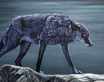 Sentinel, signed and matted print from an original painting by Eden Bachelder, Matted to 11" x 14", Image 7" x 10", wolf, timberwolf