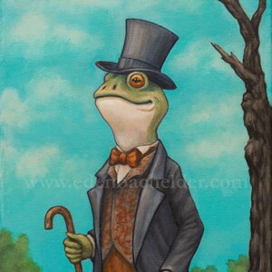 May include: An original painting of a frog dressed in formal attire, including a top hat, coat, and bow tie. The frog is holding a cane and standing in a grassy area with mushrooms. The background features a blue sky and a tree.