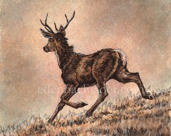 Noviembre, estampado de ciervo firmado y mate de una pintura original de Eden Bachelder