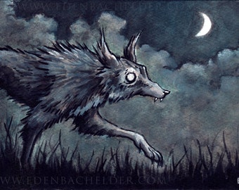 Slinking Wolf, signed and matted print of original ink and watercolour painting by Eden Bachelder, ready to frame.
