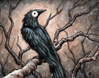 Signed and matted print of Black Bird VII painting by Eden Bachelder, ready to frame. 5" x 7" image, matted to 8" x 10". Raven, crow