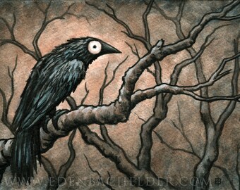 Signed and matted print of original Black Bird VIII watercolour painting by Eden Bachelder, ready to frame. Raven, crow, corvid.