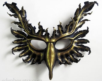 Griffin leather mask, hand-painted in black and metallic light gold, gryphon, Halloween