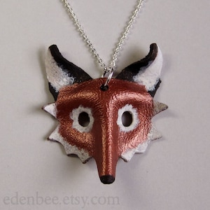 Red fox mask pendant necklace, hand-painted leather image 1