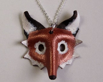 Red fox mask pendant necklace, hand-painted leather