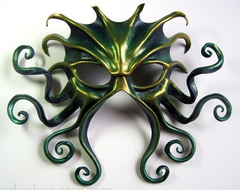 Large Cthulhu leather mask, hand-painted in midnight blue, green, and gold, Halloween
