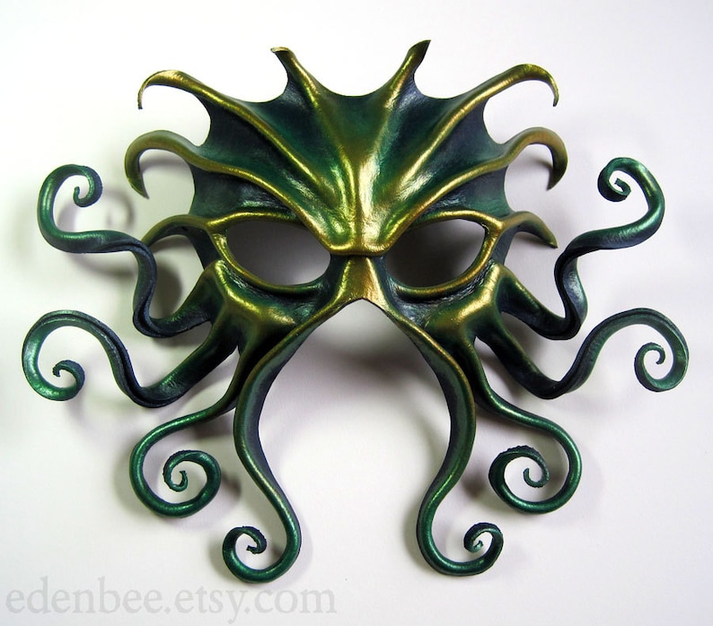 Large Cthulhu leather mask, hand-painted in midnight blue, green, and gold, Halloween image 1